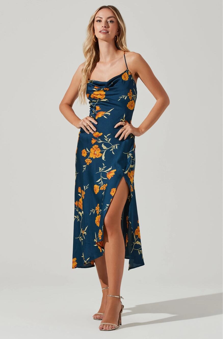 ASTR the Label Dress SZ Small NEW Gaia Dark Teal Gold Floral Strappy Midi NWOT